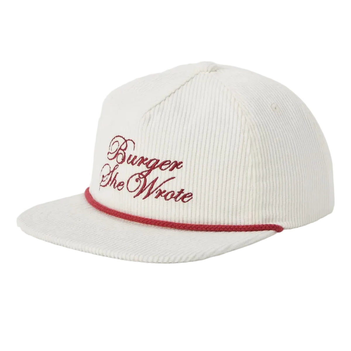 An off-white ribbed corduroy snapback cap with red embroidered text reading 'Burger She Wrote' and a red stripe along the edge of the brim, shown on a light gray background.