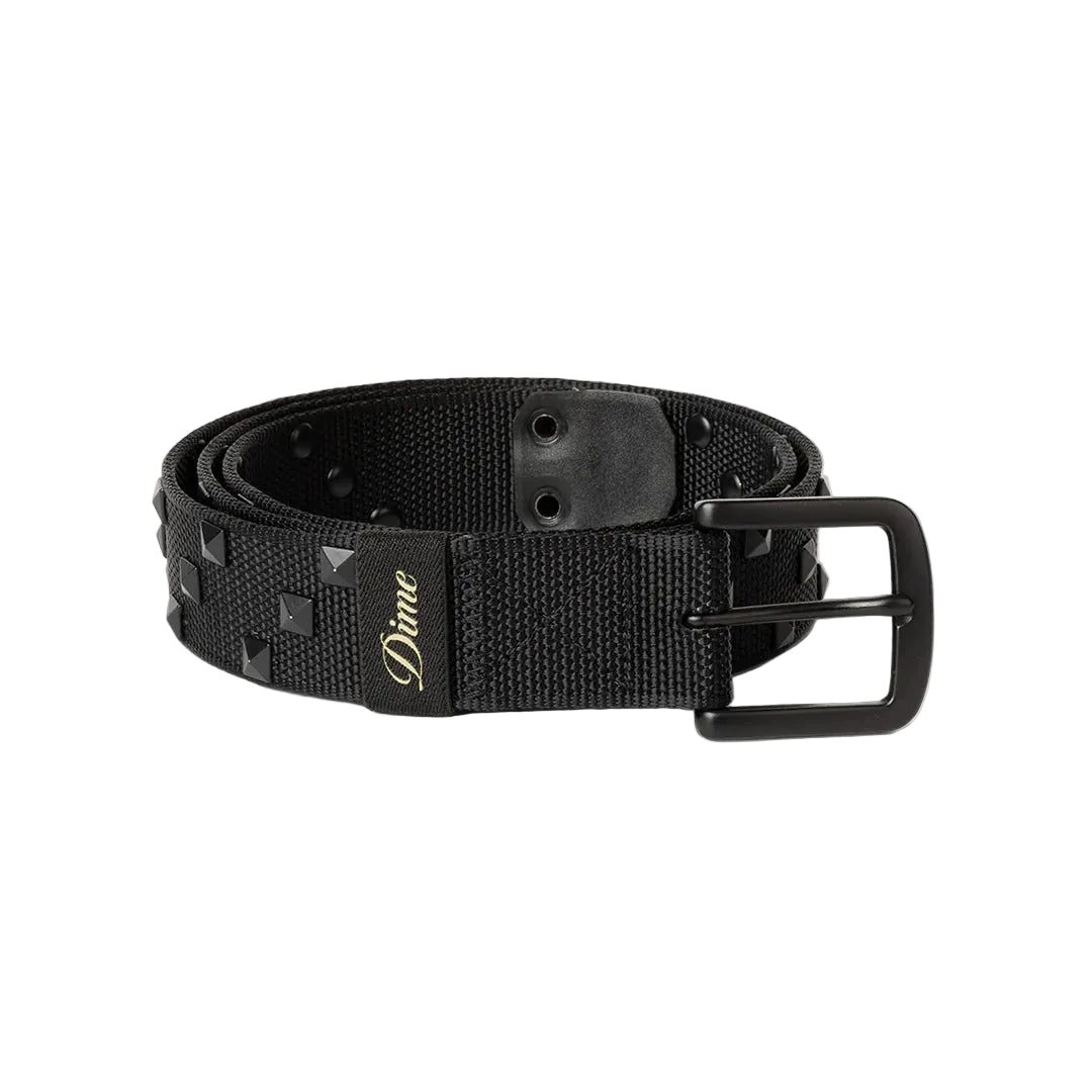 Black belt with studded details and 'Dime' branding on a light gray background