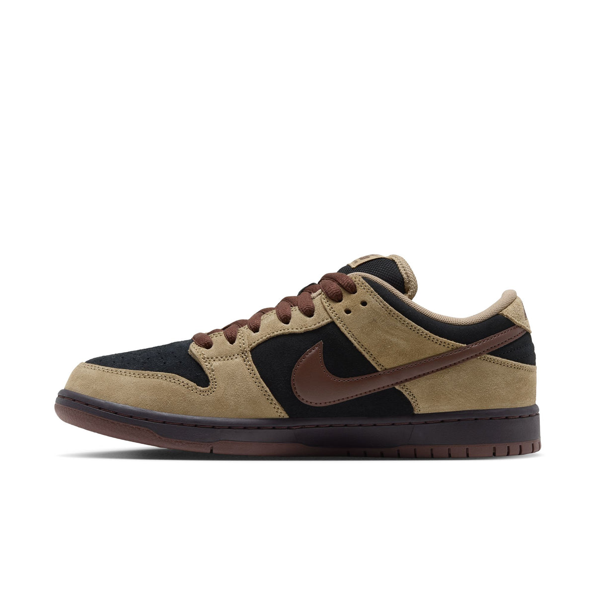 A Nike Dunk sneaker in brown and black suede, shown from the side against a plain white background.