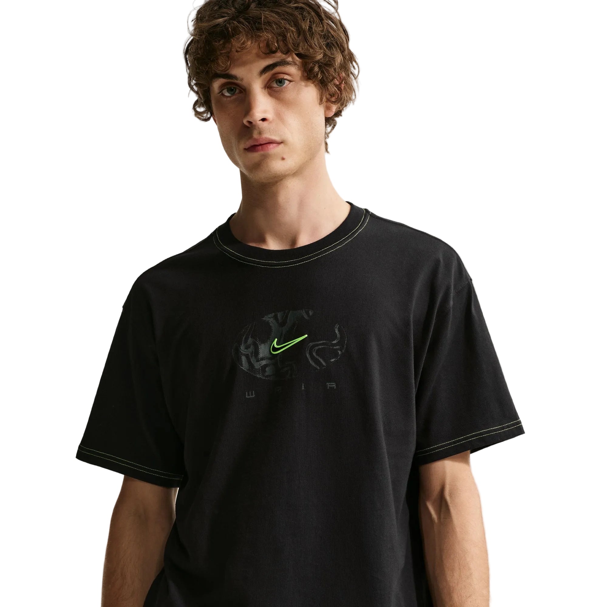 Person wearing a black t-shirt with a logo on a white background