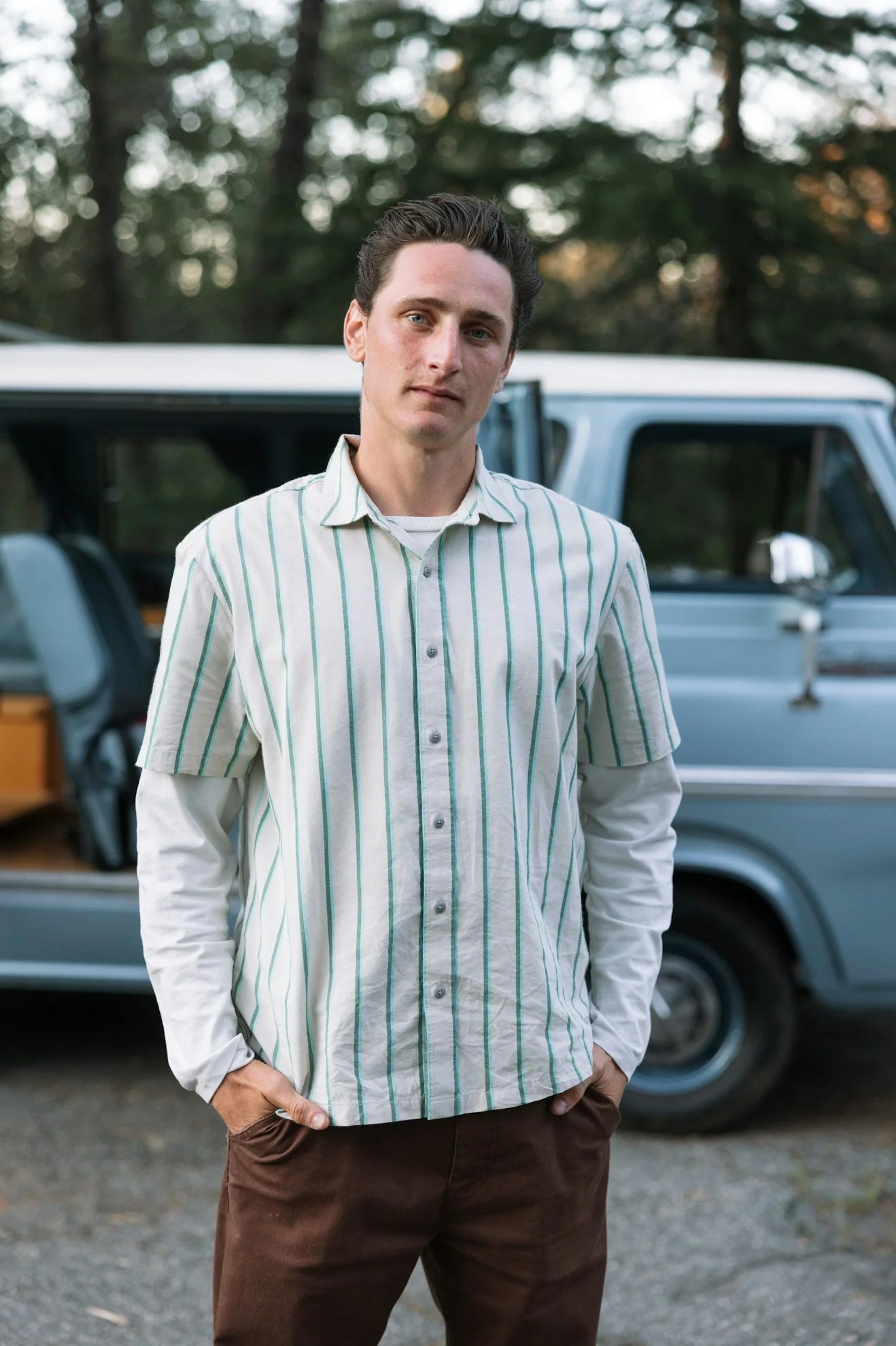 Brixton Cru Stripe S/S Woven - Beige/Pine Needle/Aquatic Green