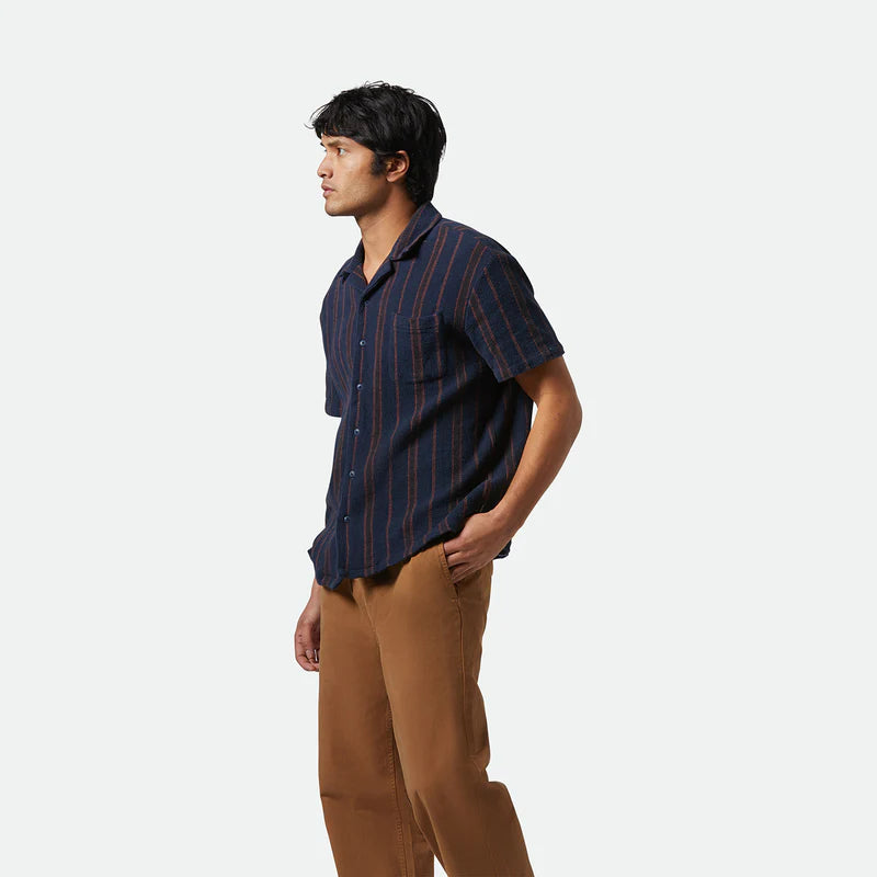 Brixton Bunker Waffle S/S Woven - Washed Navy Stripe