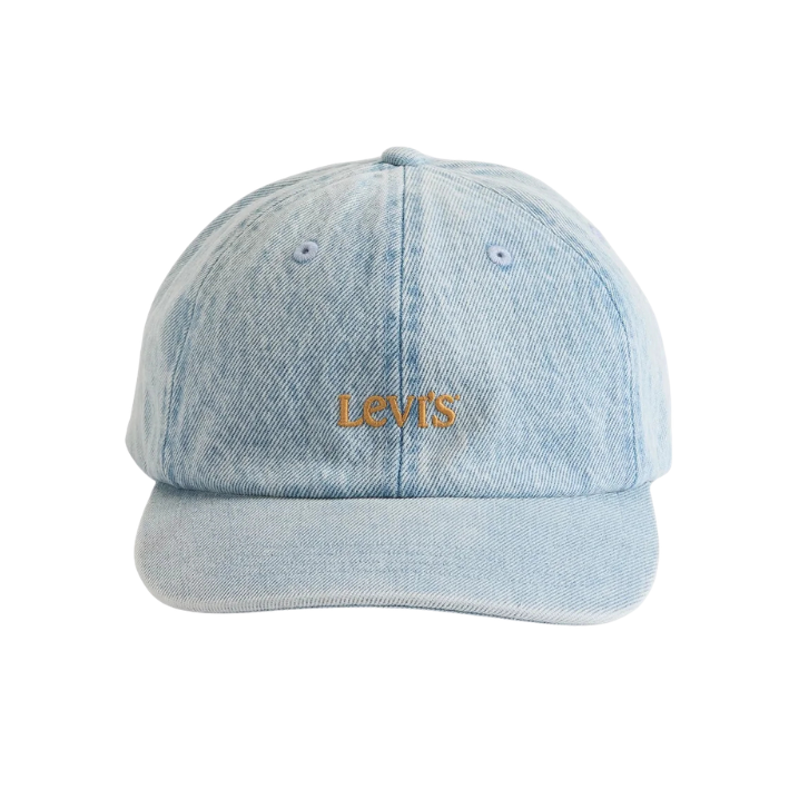 A light blue denim baseball cap with 'Levi's' embroidered in orange on the front, shown against a plain white background.