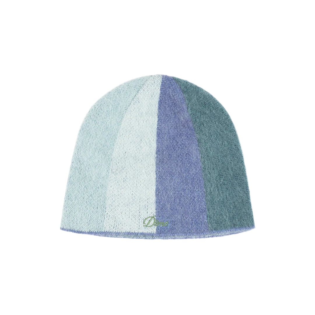 Color-blocked beanie with a brand logo on a light gray background
