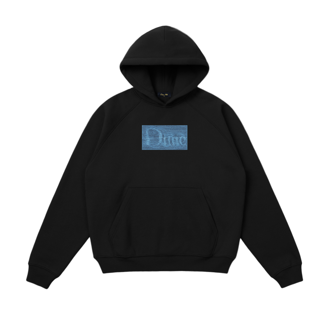 Black hoodie with a blue logo on a white background