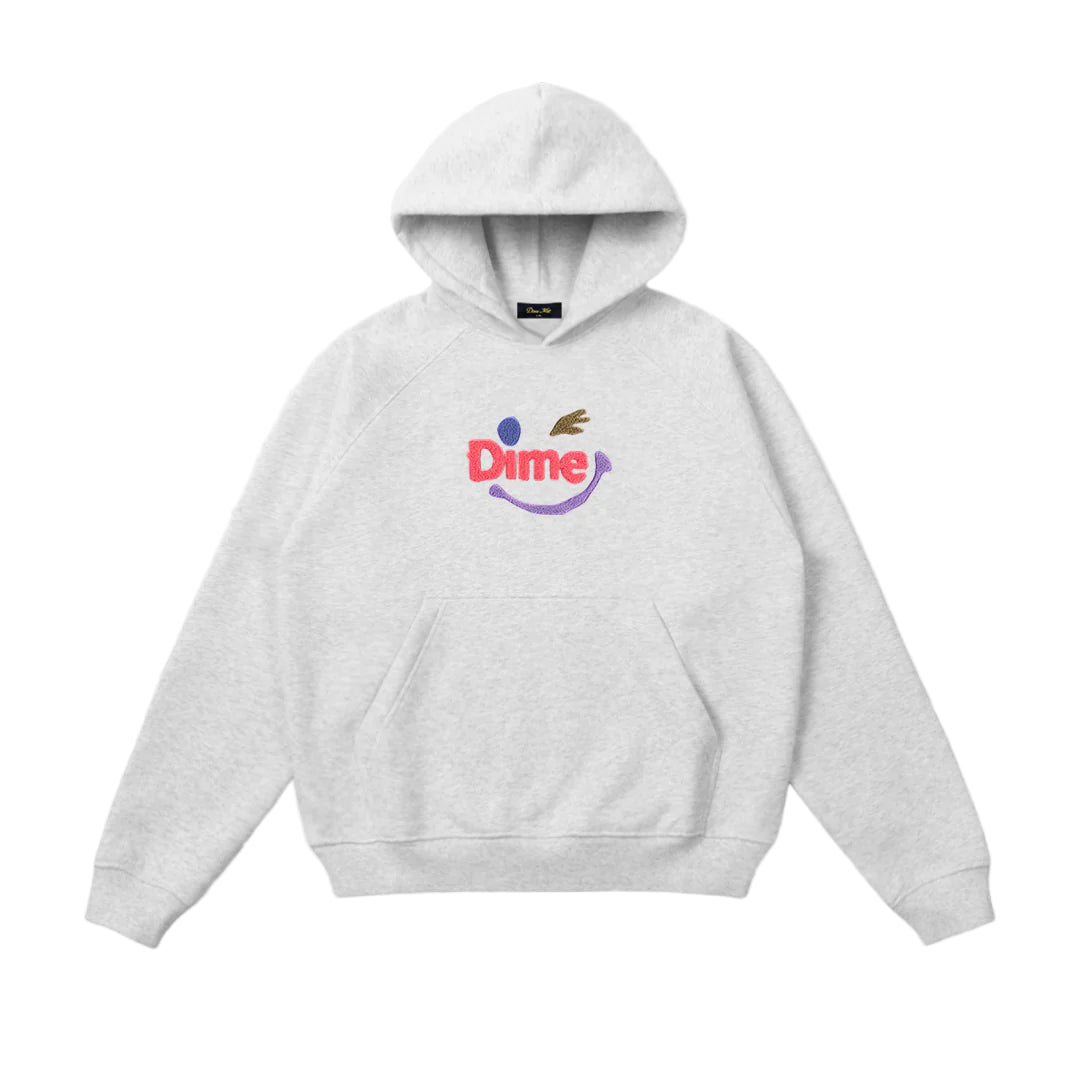 Gray hoodie with a colorful logo on a white background
