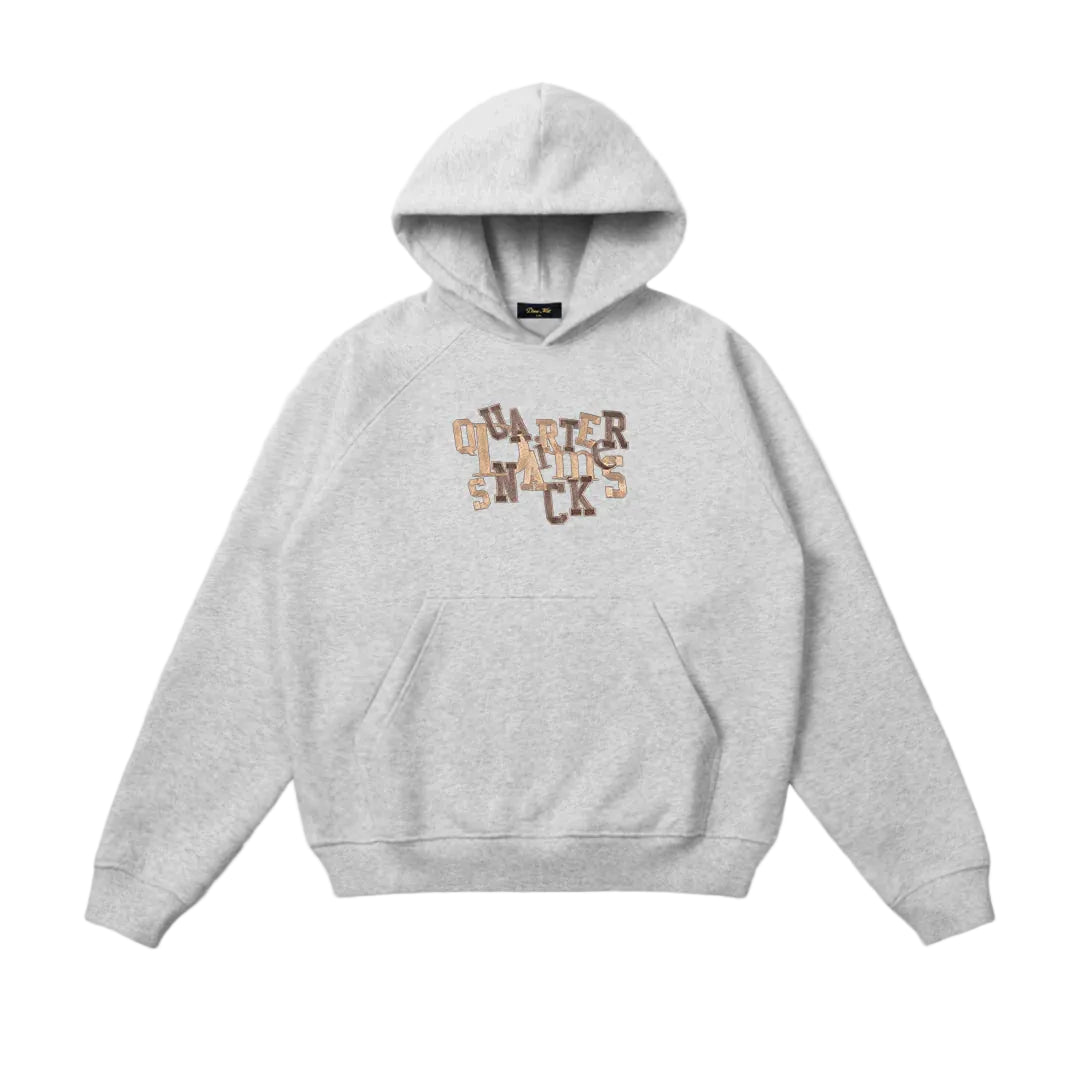Gray hoodie with text on a white background