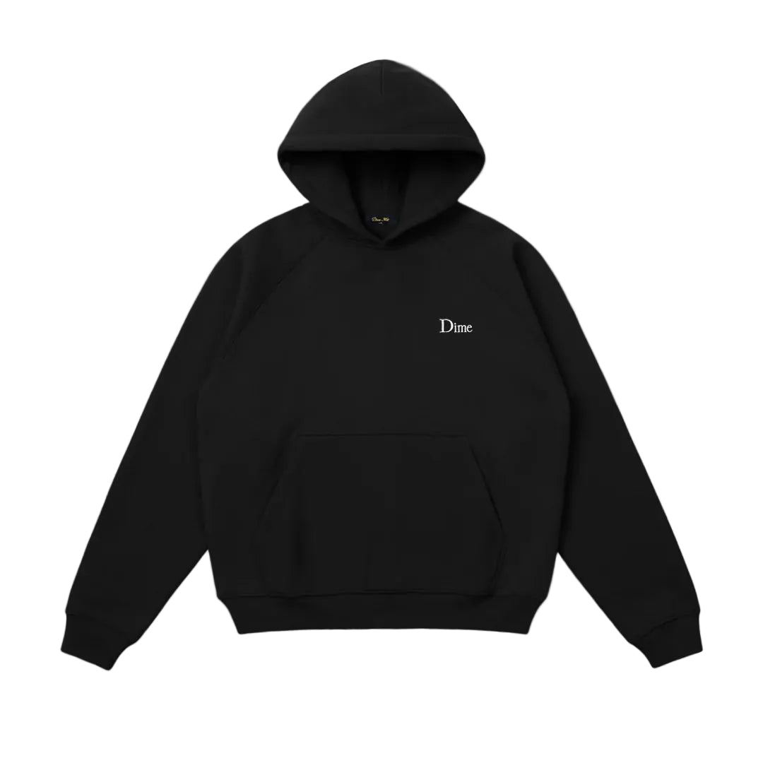 Black hoodie with 'Dime' logo on a white background