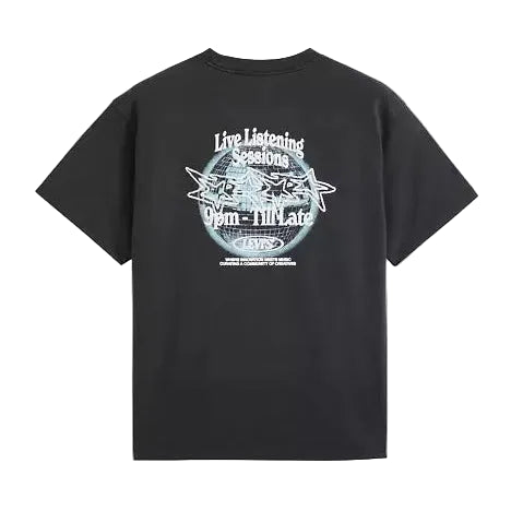 A black short-sleeve t-shirt with a circular graphic on the back, featuring two white fish and the text 'Live Listening Sessions' and 'Open - All Late'.
