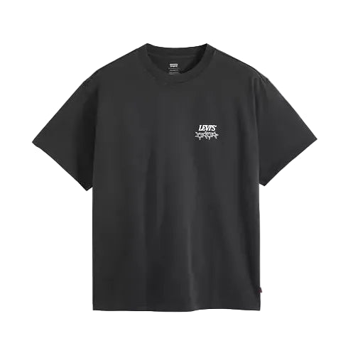A black short-sleeve crewneck t-shirt with a small white graphic logo on the left chest, displayed flat against a light gray background.