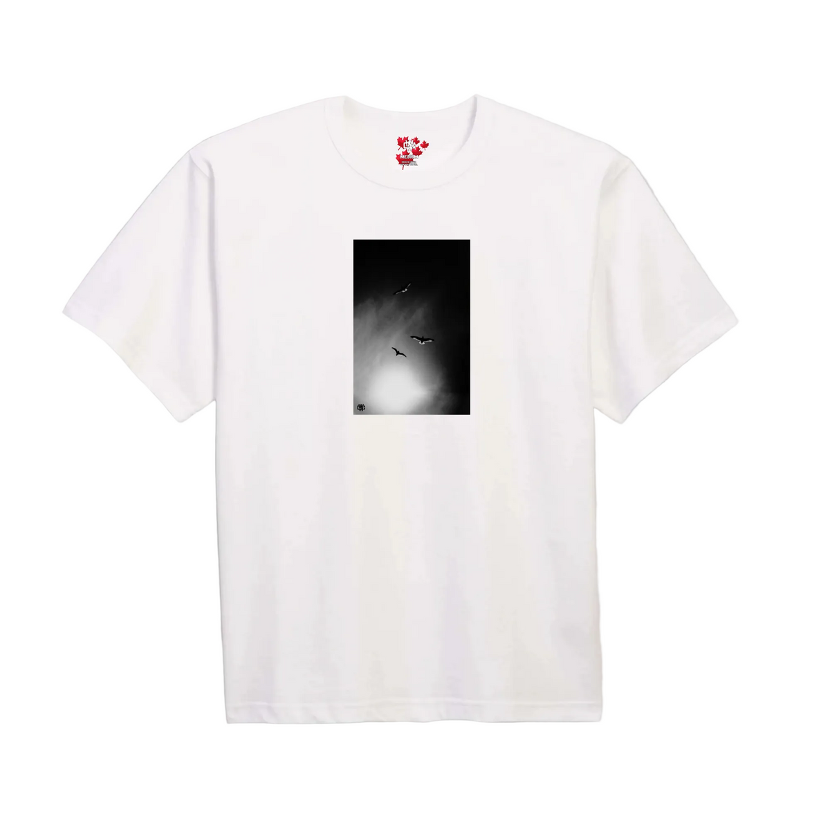 A white short-sleeve crewneck t-shirt with a black and white abstract square graphic printed on the chest, displayed flat against a solid gray background.