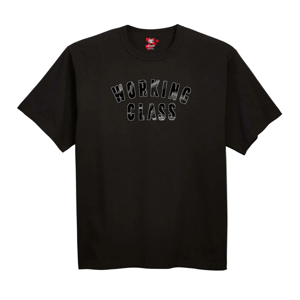Black t-shirt with a brand logo on the back against a white background