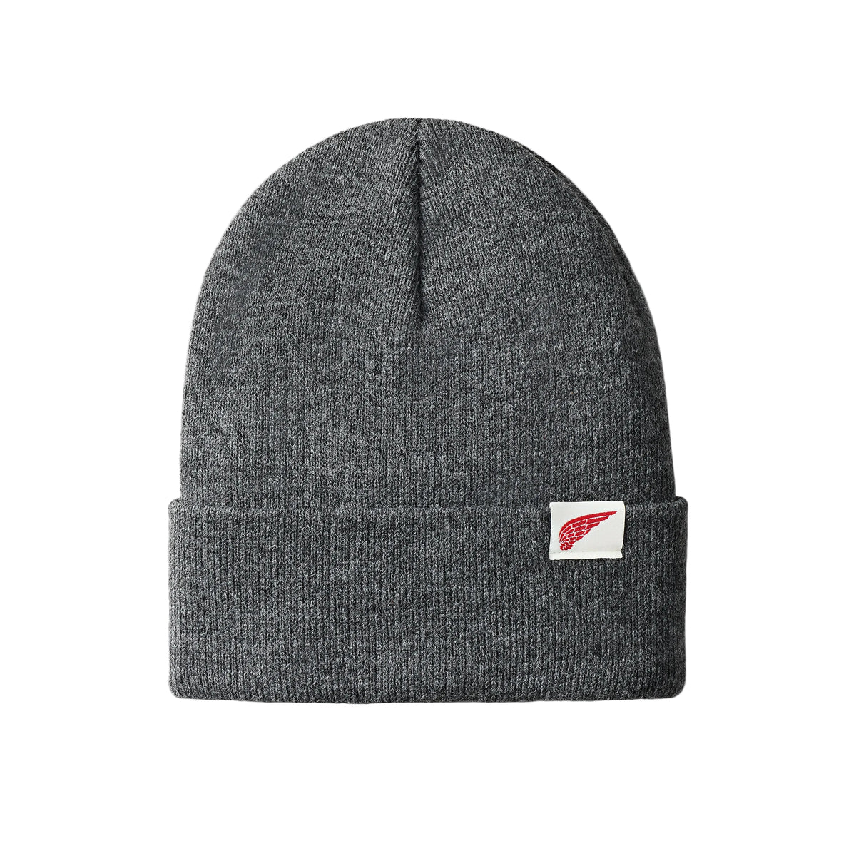A dark gray heather knit beanie hat with a folded cuff, featuring a small white rectangular patch on the side with a red wing logo.