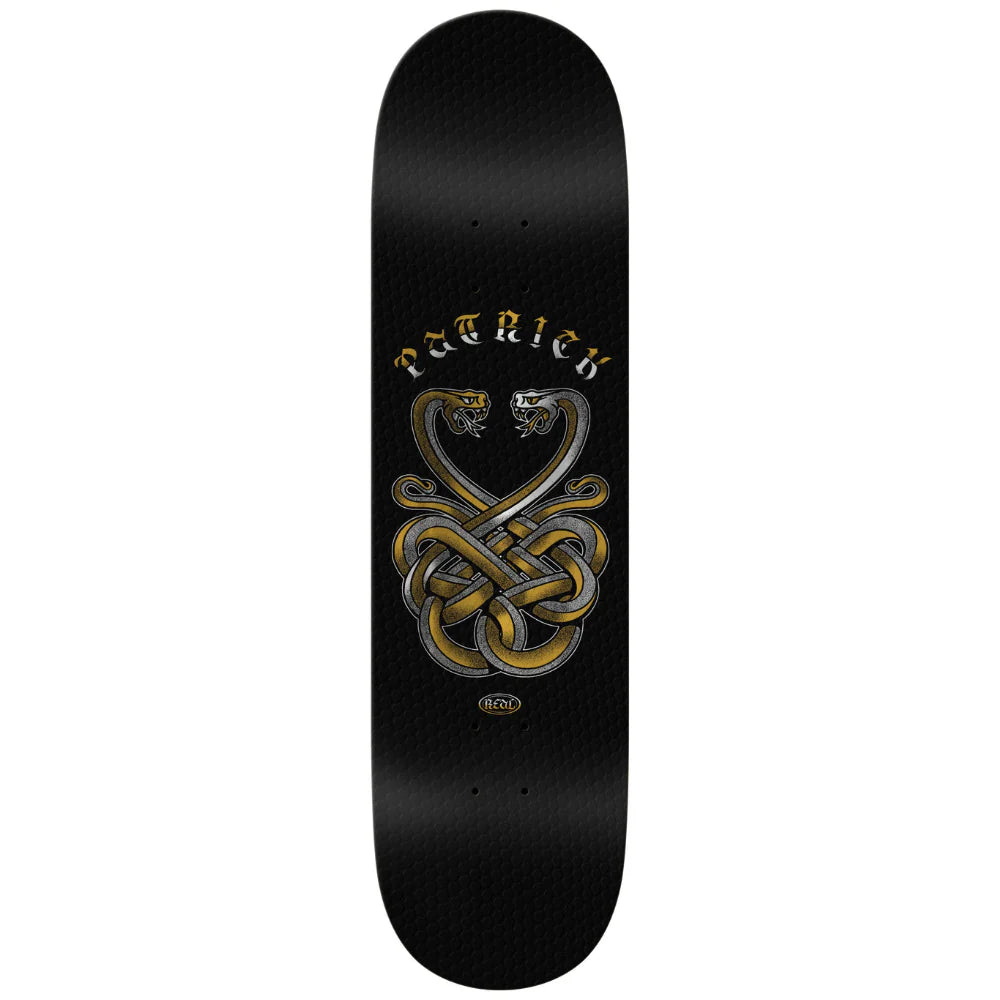 Black skateboard deck with Celtic knot design and 'Attilak' branding on a white background