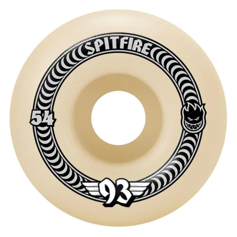 Beige skateboard wheel with black and white design and 'Spitfire' branding on a white background