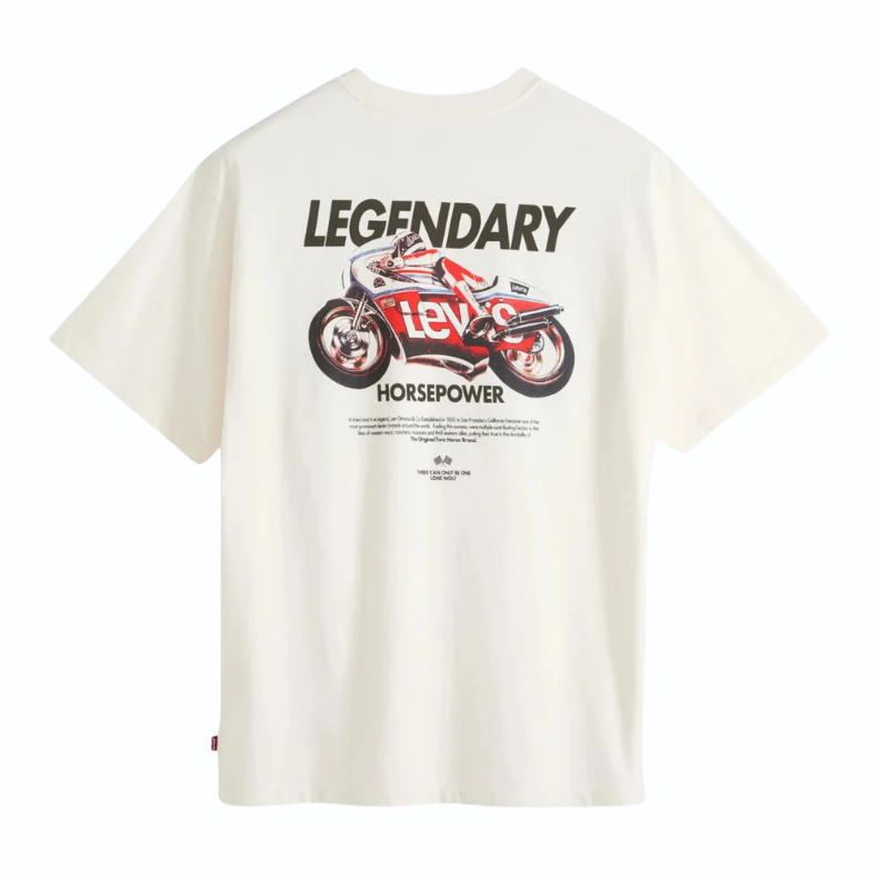 An off-white short-sleeve t-shirt shown from the back, featuring a graphic print of a red and white motorcycle with the text 'LEGENDARY' above it and 'HORSEPOWER' below.