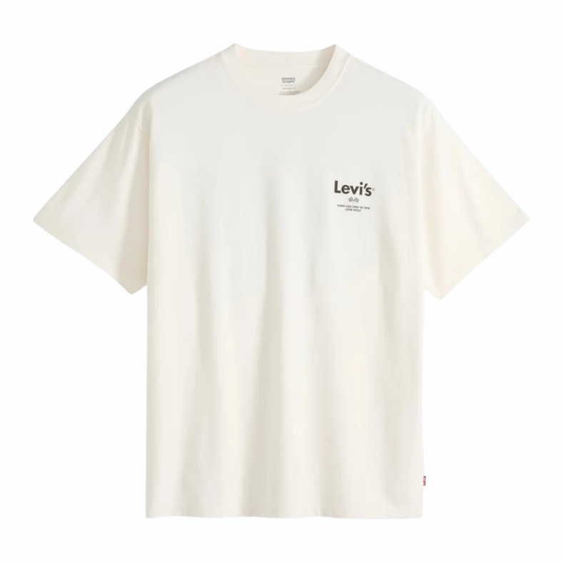 An off-white short-sleeve crewneck t-shirt by Levi's, featuring a small black logo on the left chest and a signature red tab on the lower right hem, displayed against a solid white background.