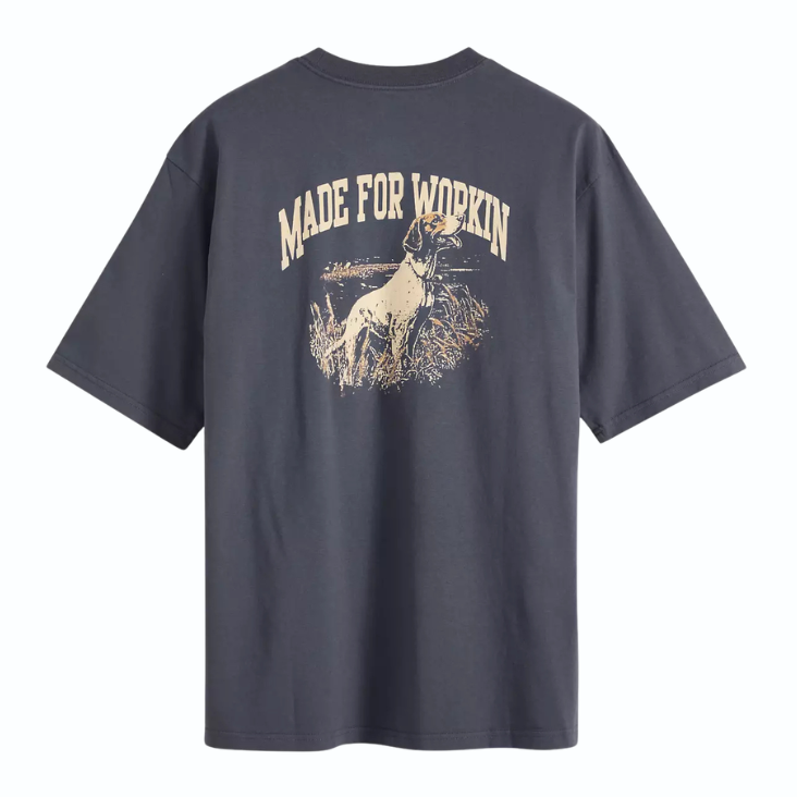 A dark gray crewneck t-shirt with a vintage-style beige graphic on the back featuring the text 'MADE FOR WORKIN' and an illustration of a dog.