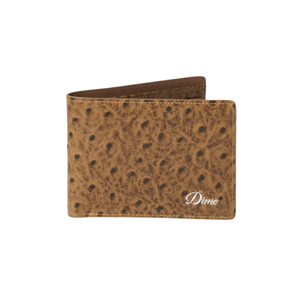Brown leather wallet with a subtle pattern on a white background