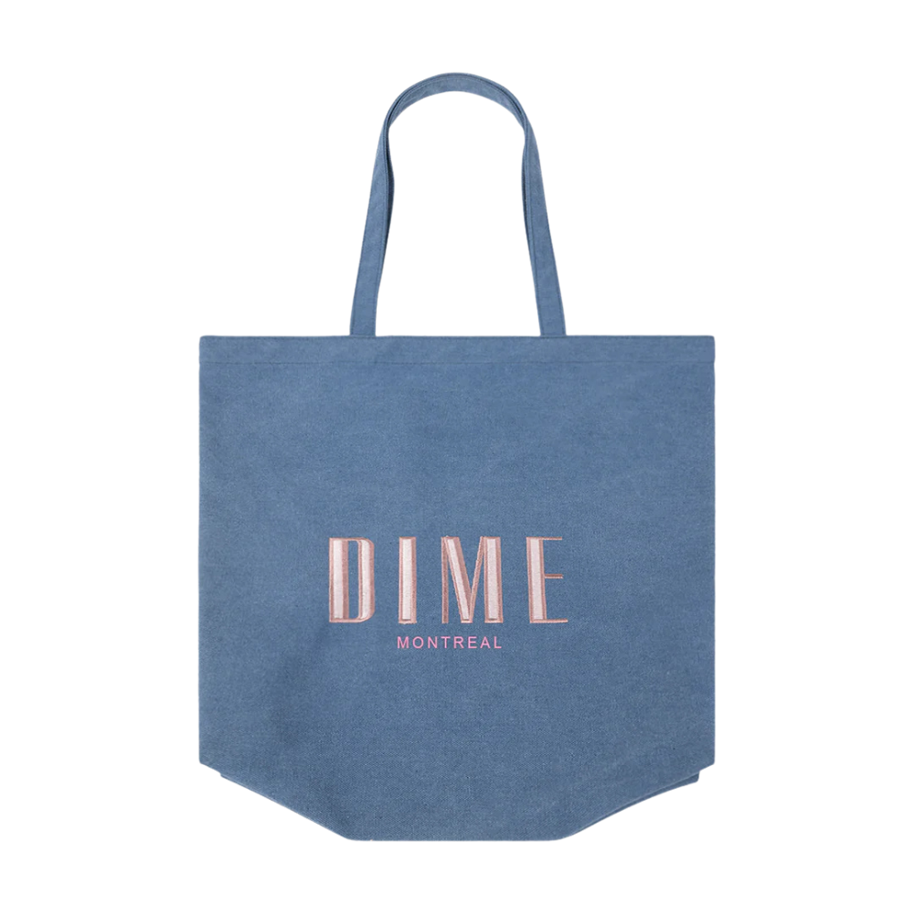 Denim blue tote with "Dime Montreal" embroidered in the centre