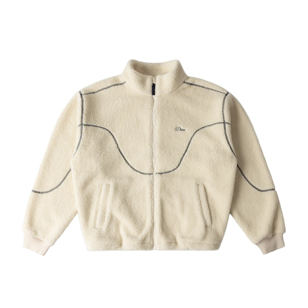 Beige fleece jacket with black stitching on a white background