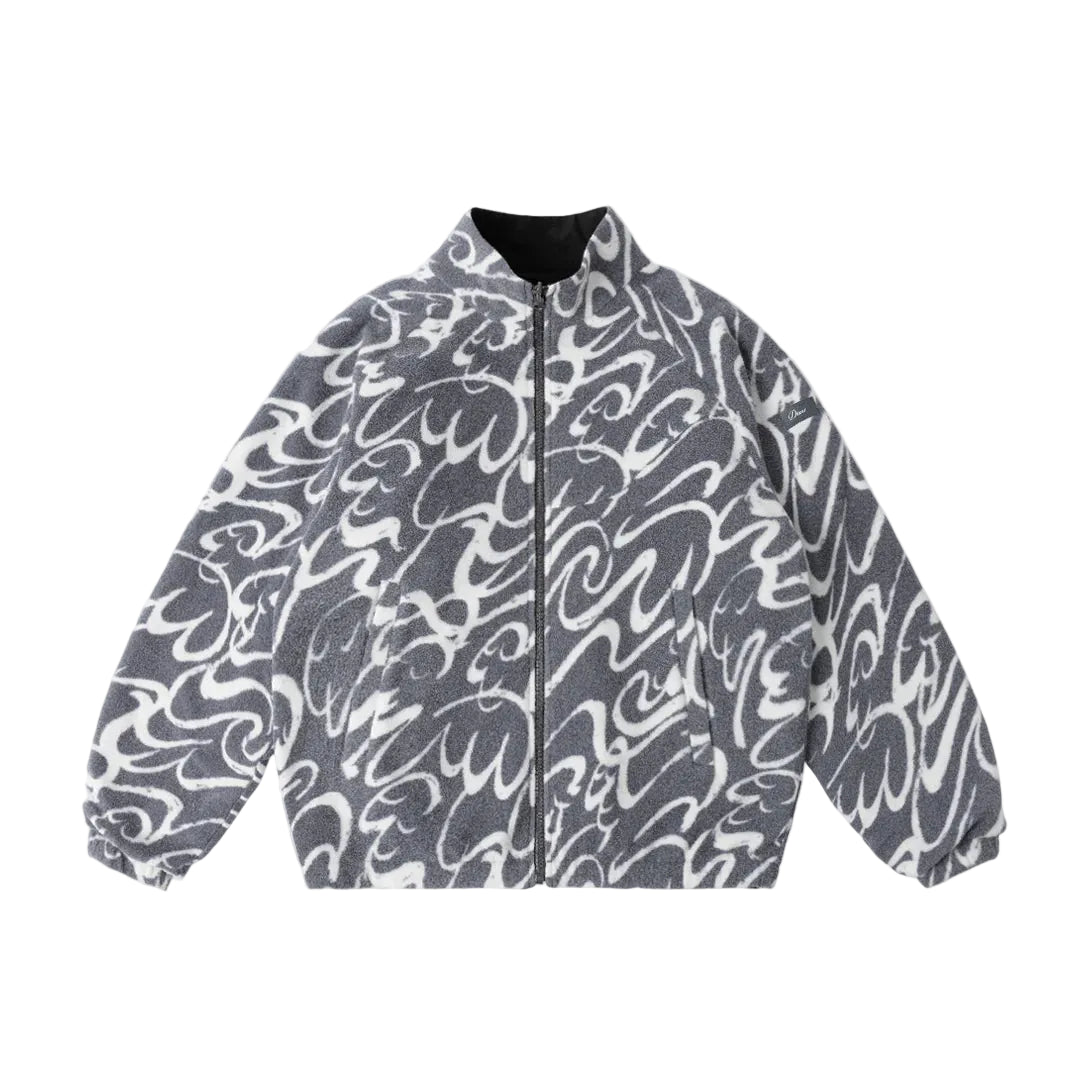 Gray jacket with white abstract pattern on a light gray background
