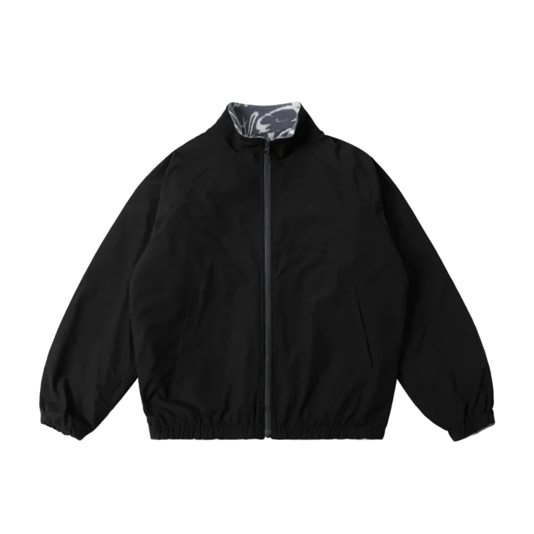 Black jacket with a patterned collar on a light gray background