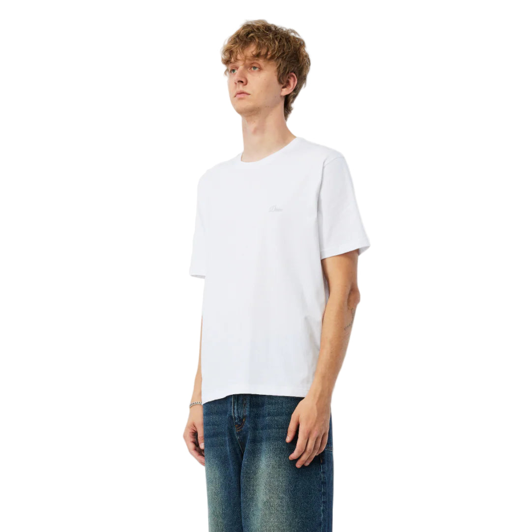 Person wearing a white t-shirt and blue jeans on a white background