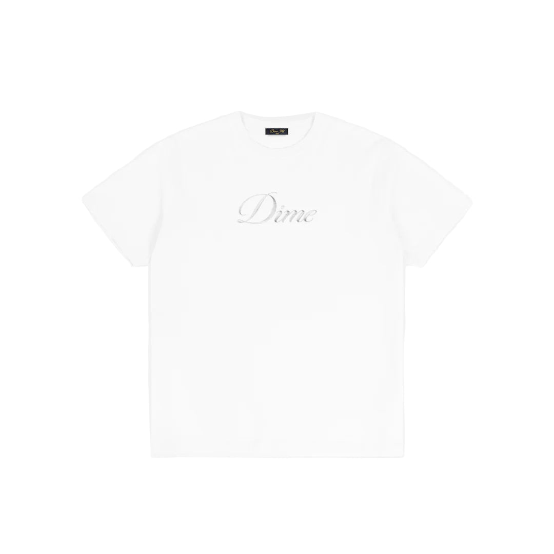 White t-shirt with 'Dime' logo on a white background