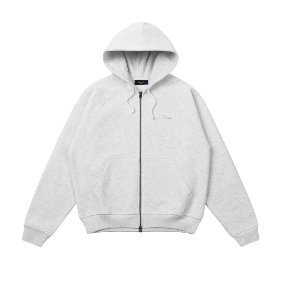 Gray hoodie with a brand logo on a white background