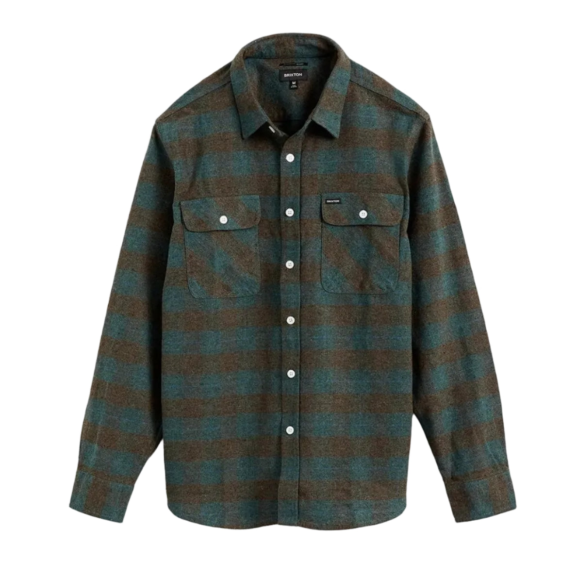 Plaid shirt with green and brown pattern on a white background