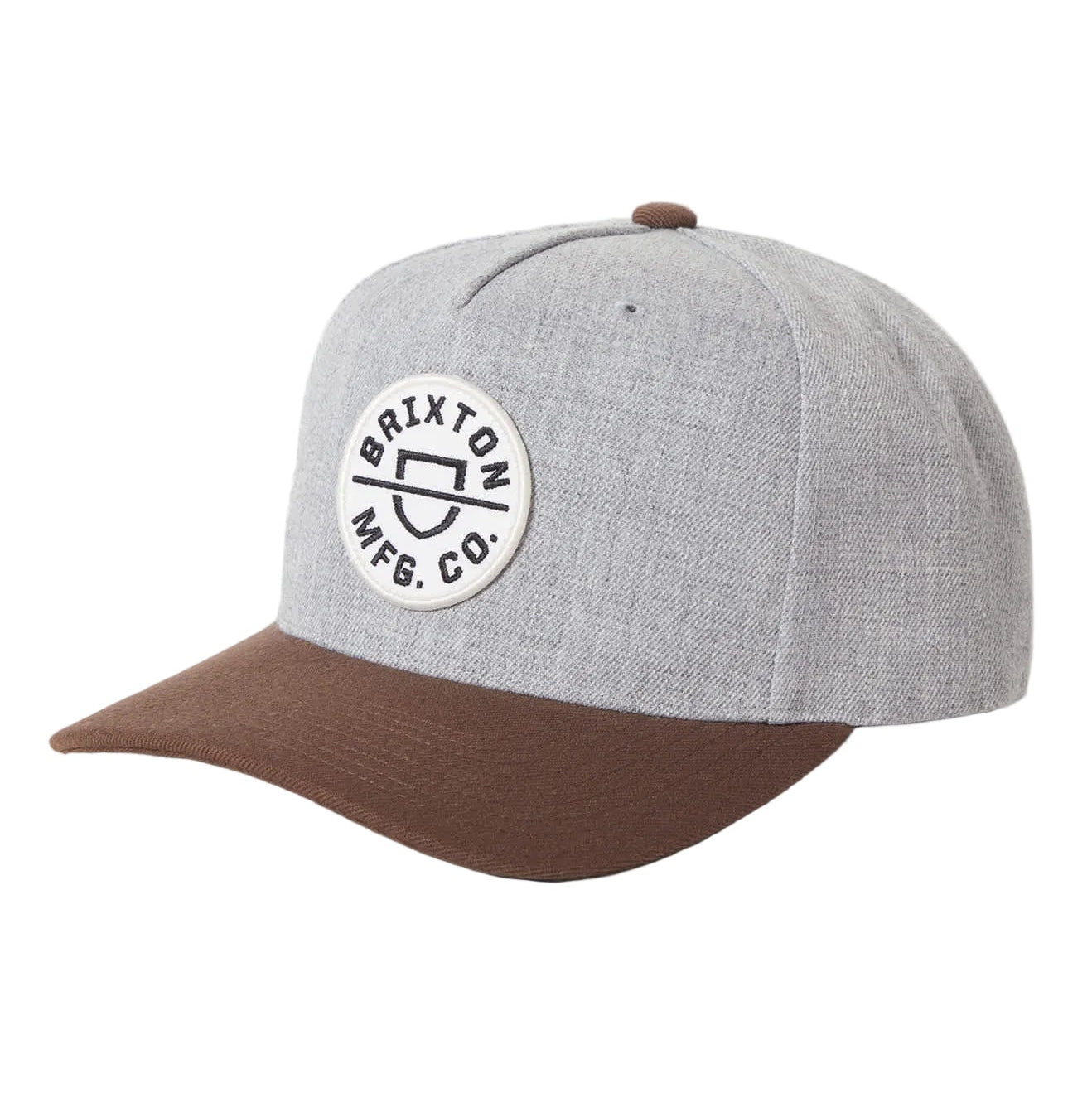 Gray and brown cap with Brixton logo on a white background