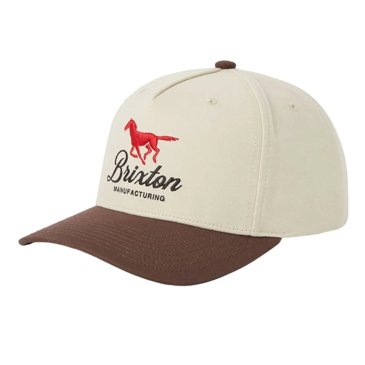 A baseball cap with an off-white crown, a brown curved brim, and a red embroidered horse logo with the text 'Brixton MANUFACTURING' on the front.