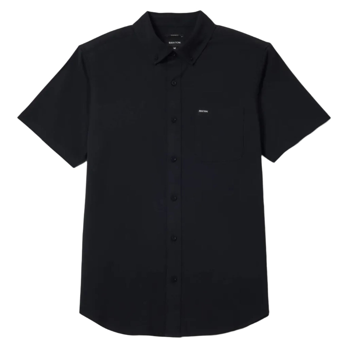 A black short-sleeve button-up shirt with a classic collar and a small embroidered logo on the left chest, displayed against a light gray background.