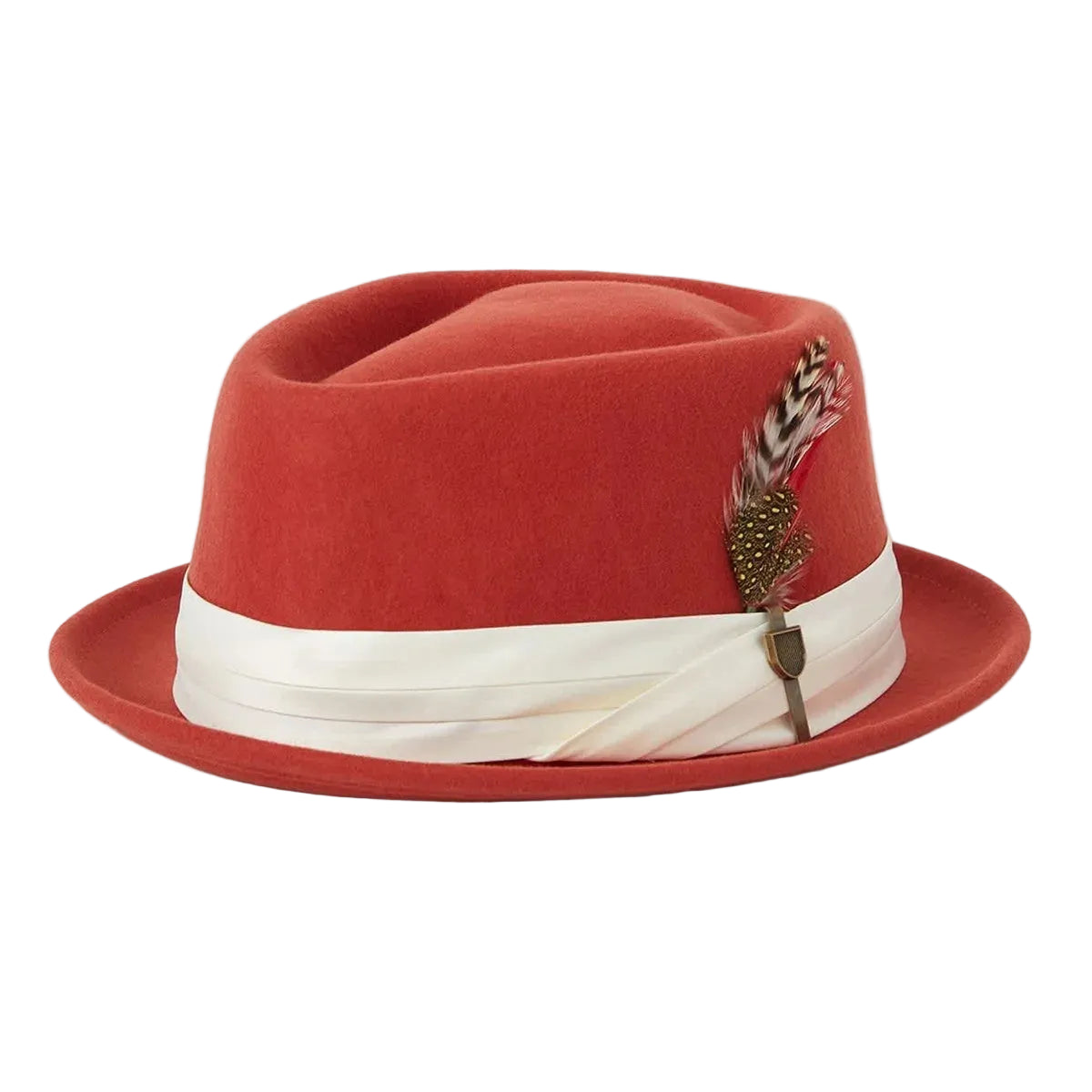 A red felt fedora hat with a wide white satin band and a decorative feather accent on the side, photographed against a light gray background.