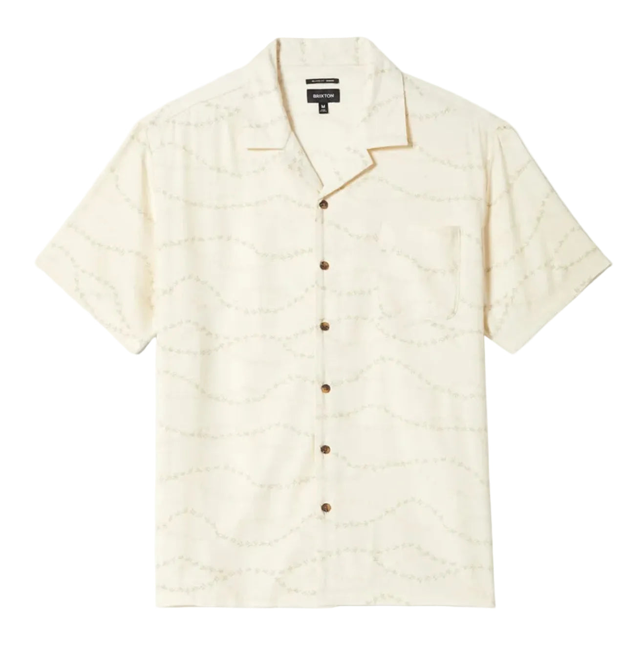 Beige short-sleeve shirt with button details on a white background