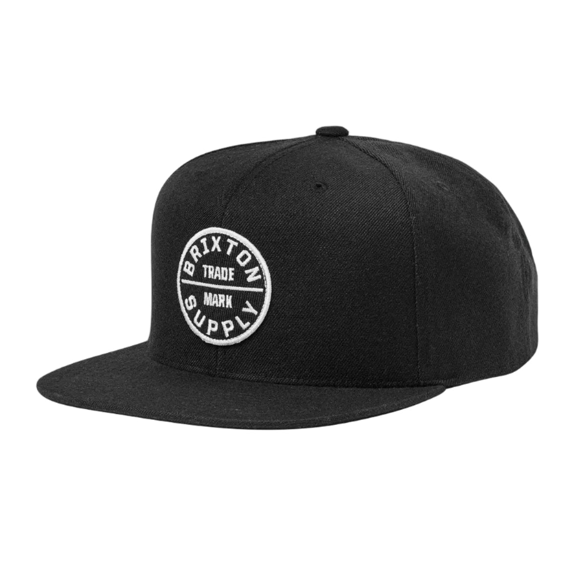 Black Brixton cap with a circular patch with white writing