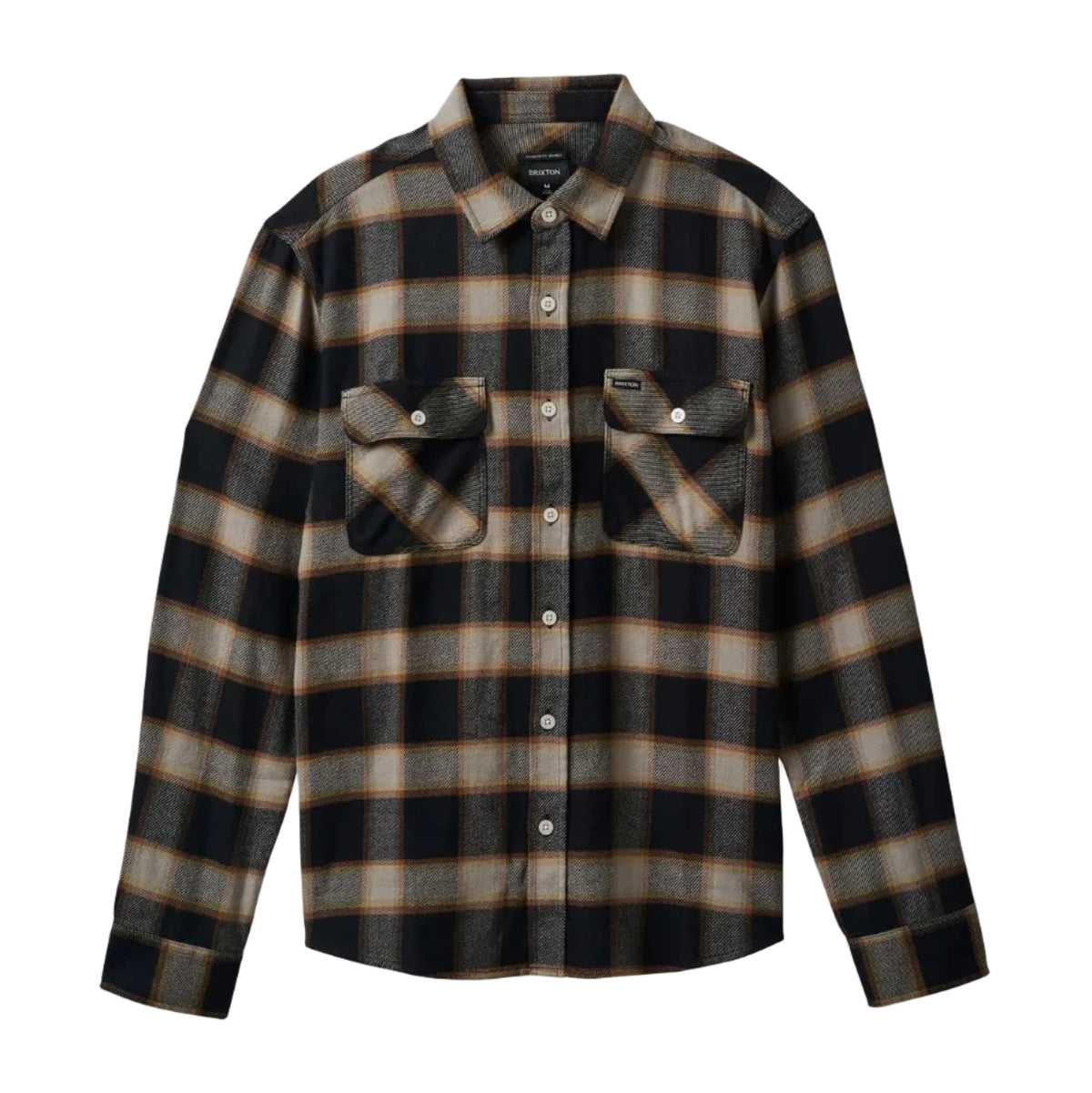 A long-sleeve button-up flannel shirt with a black, brown, and tan plaid pattern, featuring two buttoned chest pockets, displayed on a light gray background.