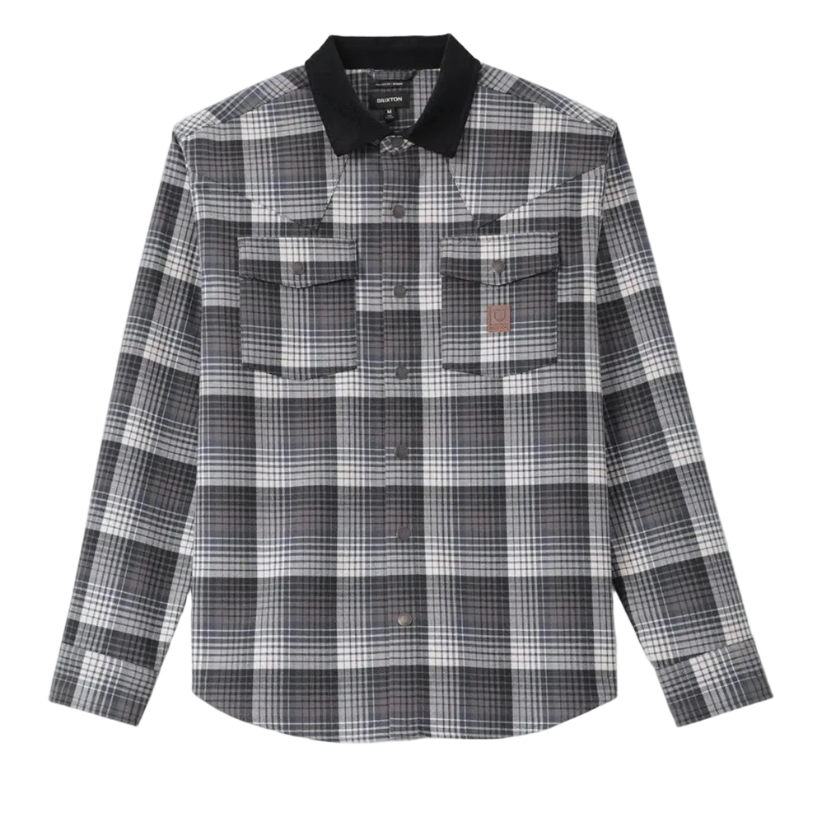 A long-sleeve plaid button-up shirt in black, gray, and white, featuring a solid black collar and two chest pockets, shown against a light gray background.