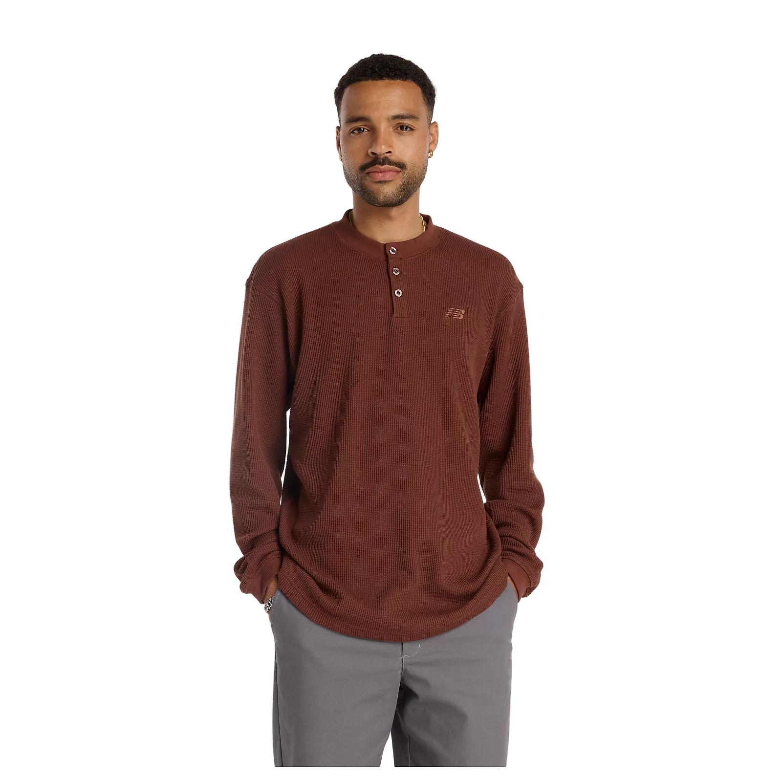 New Balance Numeric Waffle Knit Long Sleeve Henley - Rich Oak