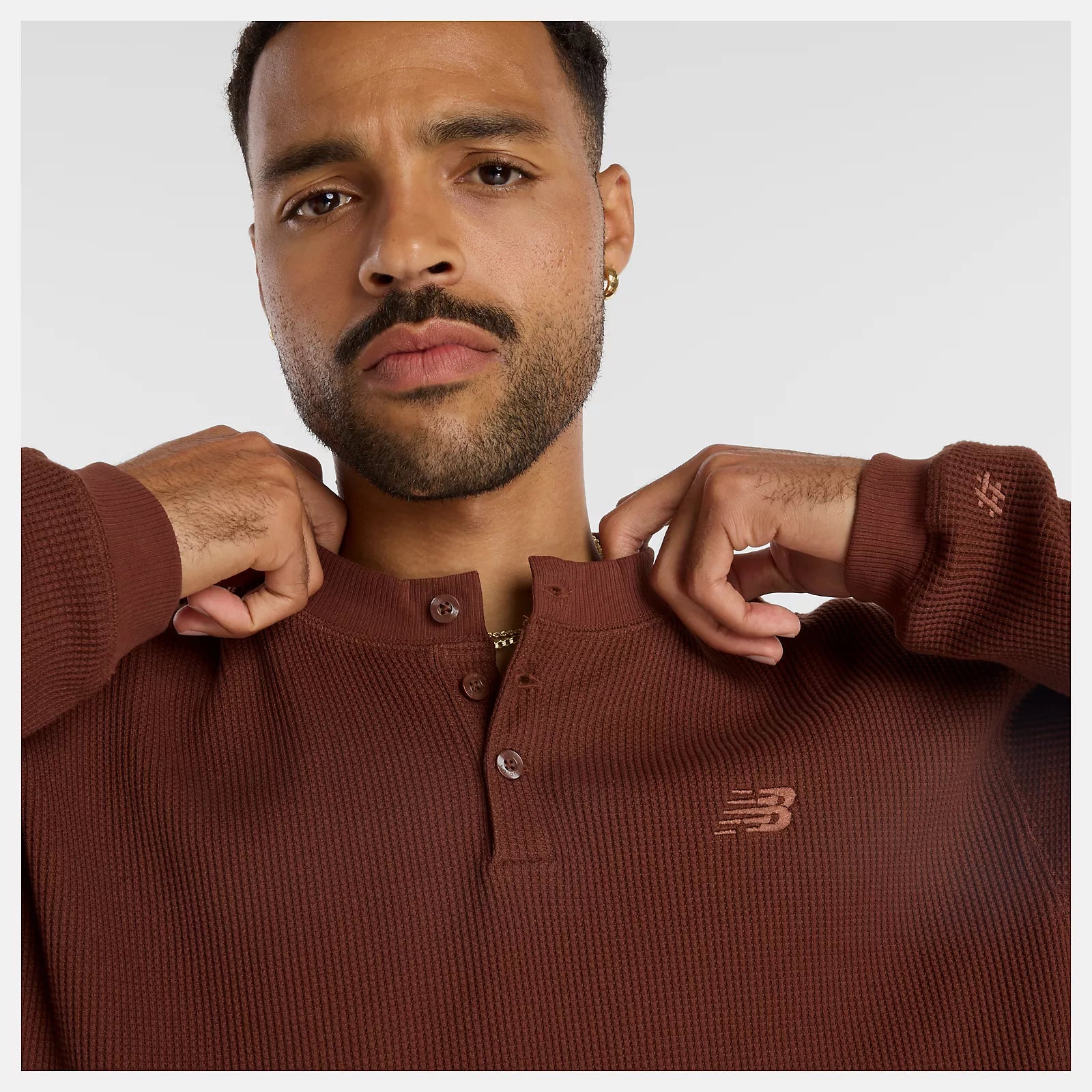 New Balance Numeric Waffle Knit Long Sleeve Henley - Rich Oak