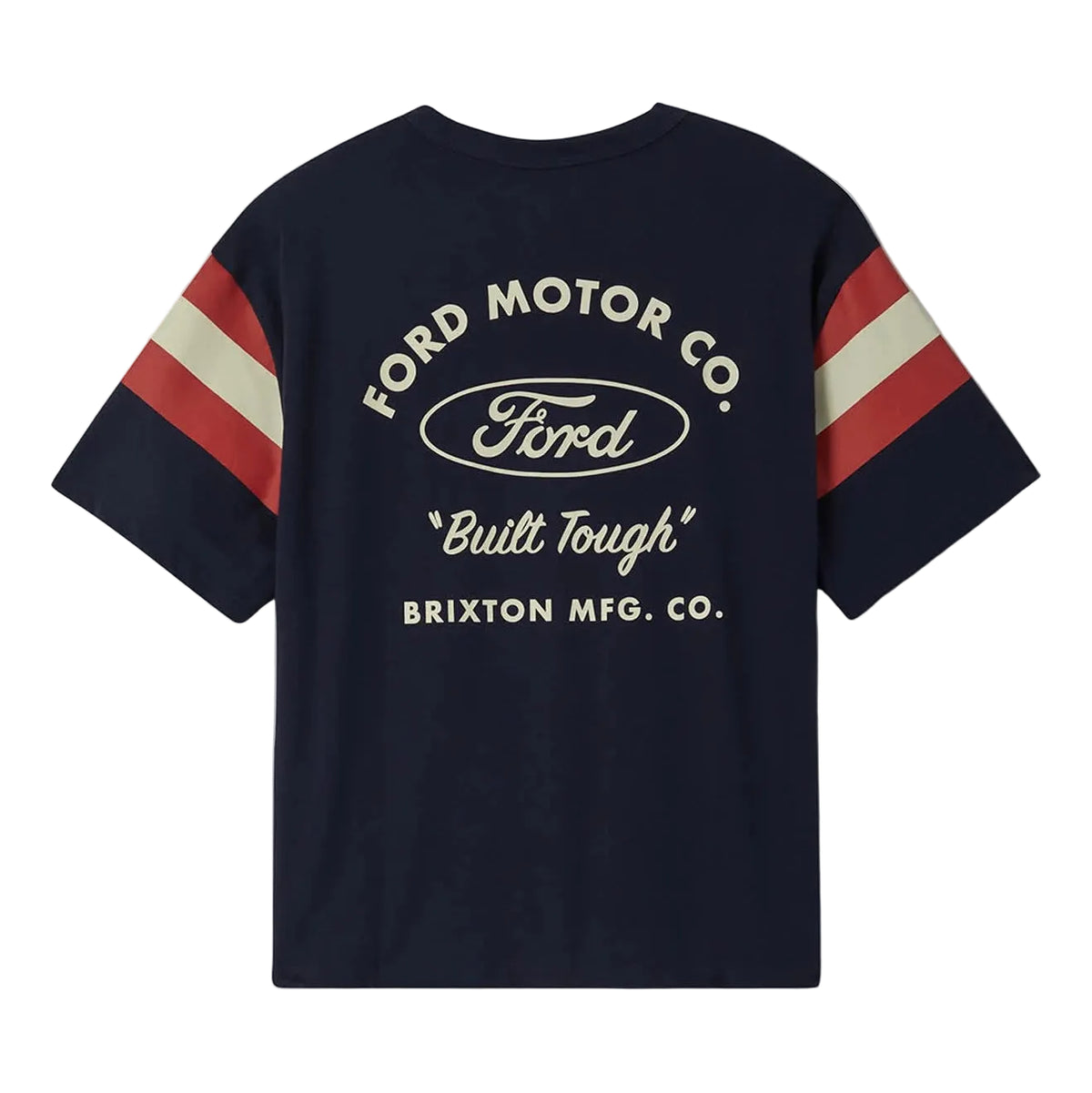 A navy blue short-sleeve t-shirt with a vintage-style Ford Motor Co. graphic on the back, featuring cream lettering and red and cream striped sleeves, shown against a light gray background.
