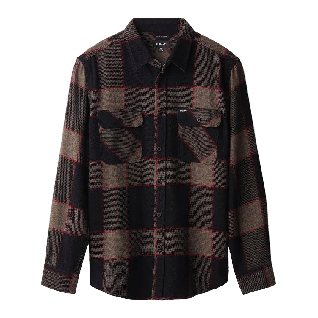 Plaid shirt with dark and brown colors on a light gray background
