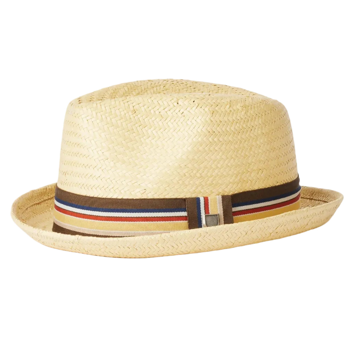 Straw hat with a striped band on a white background