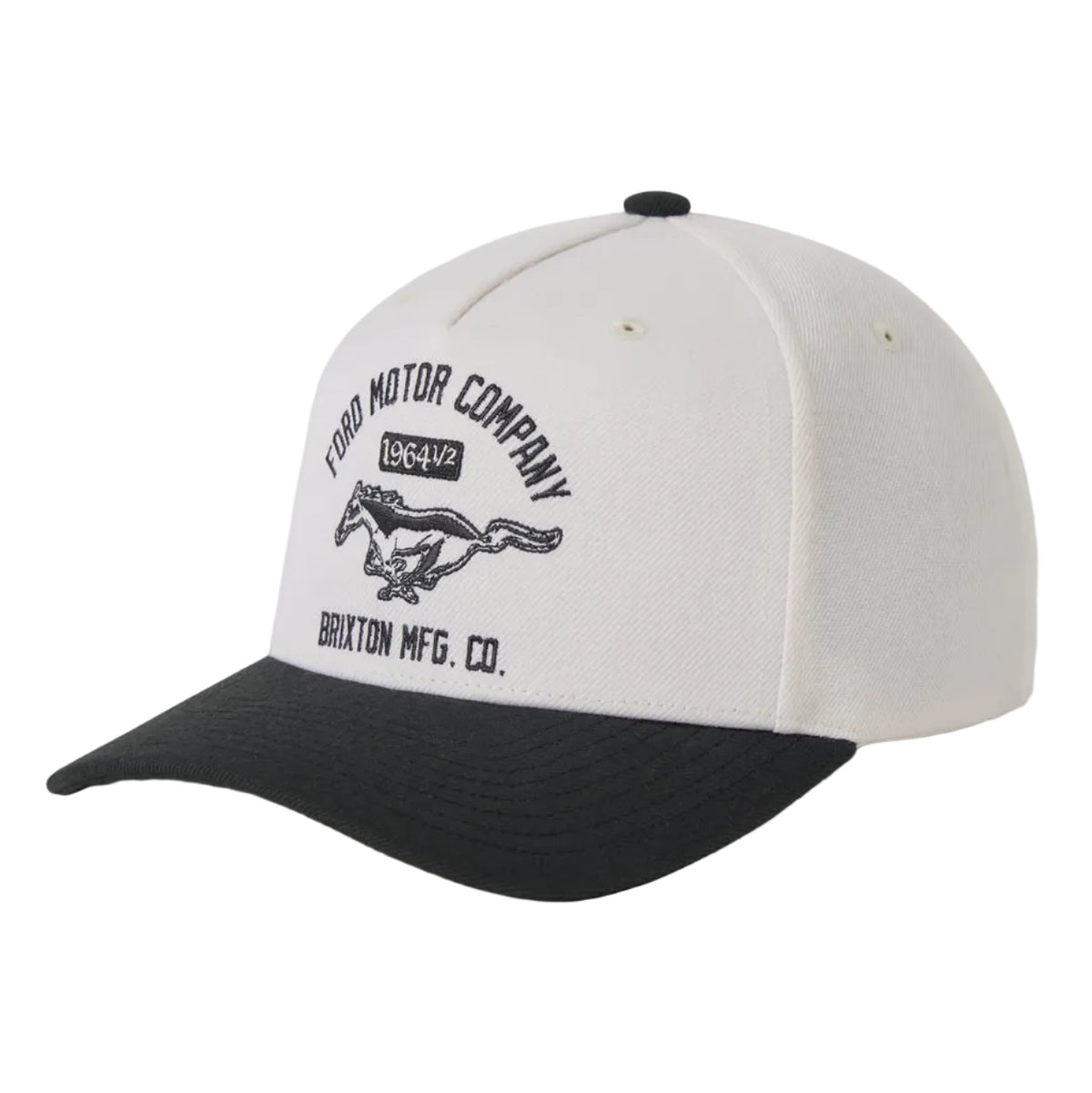 A two-tone baseball cap with an off-white crown and a black curved brim, featuring a black embroidered logo of Ford Motor Company and a Mustang horse on the front.