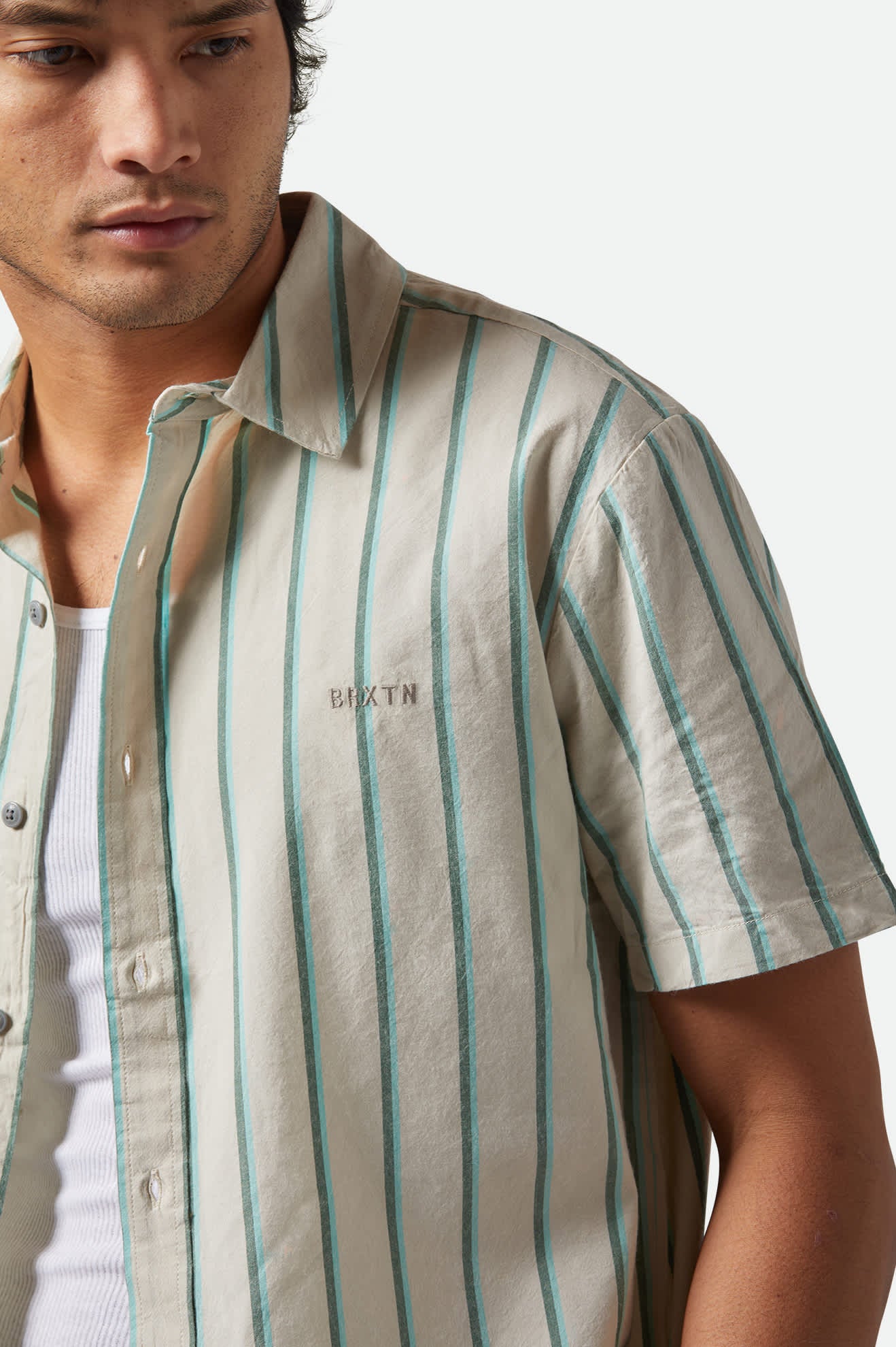 Brixton Cru Stripe S/S Woven - Beige/Pine Needle/Aquatic Green