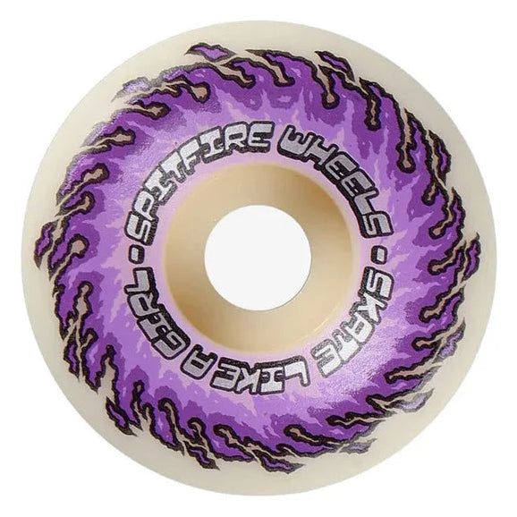 Skateboard wheel with purple and black flame design on a white background