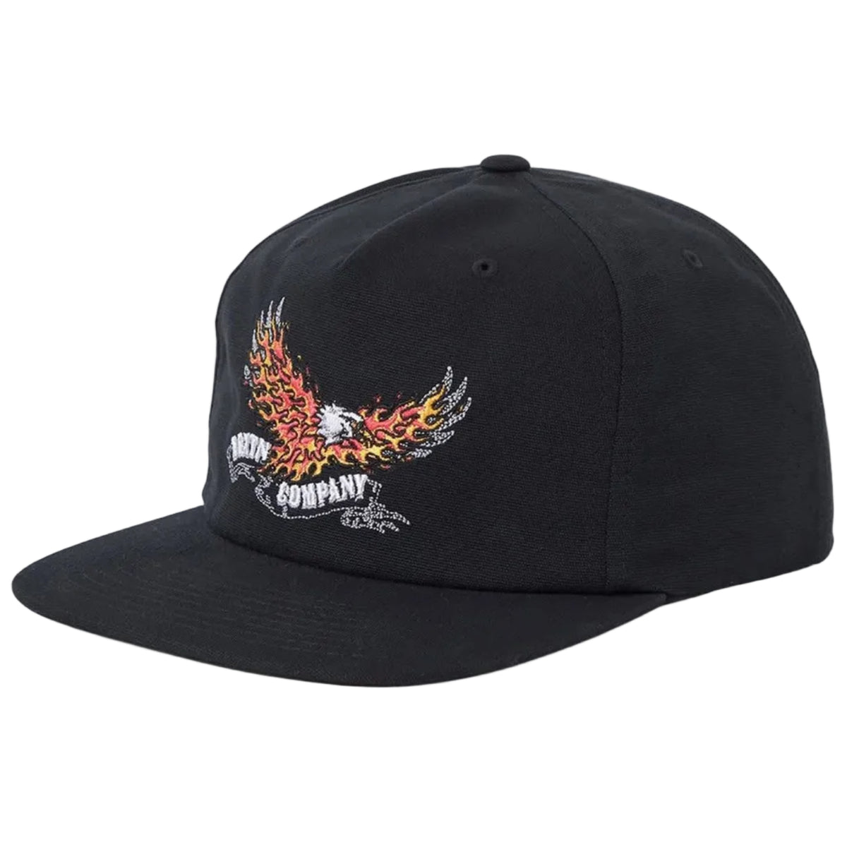 A black flat-brim baseball cap featuring a front graphic of a winged emblem in orange, yellow, and white, with the text 'MYTH COMPANY' printed below it.
