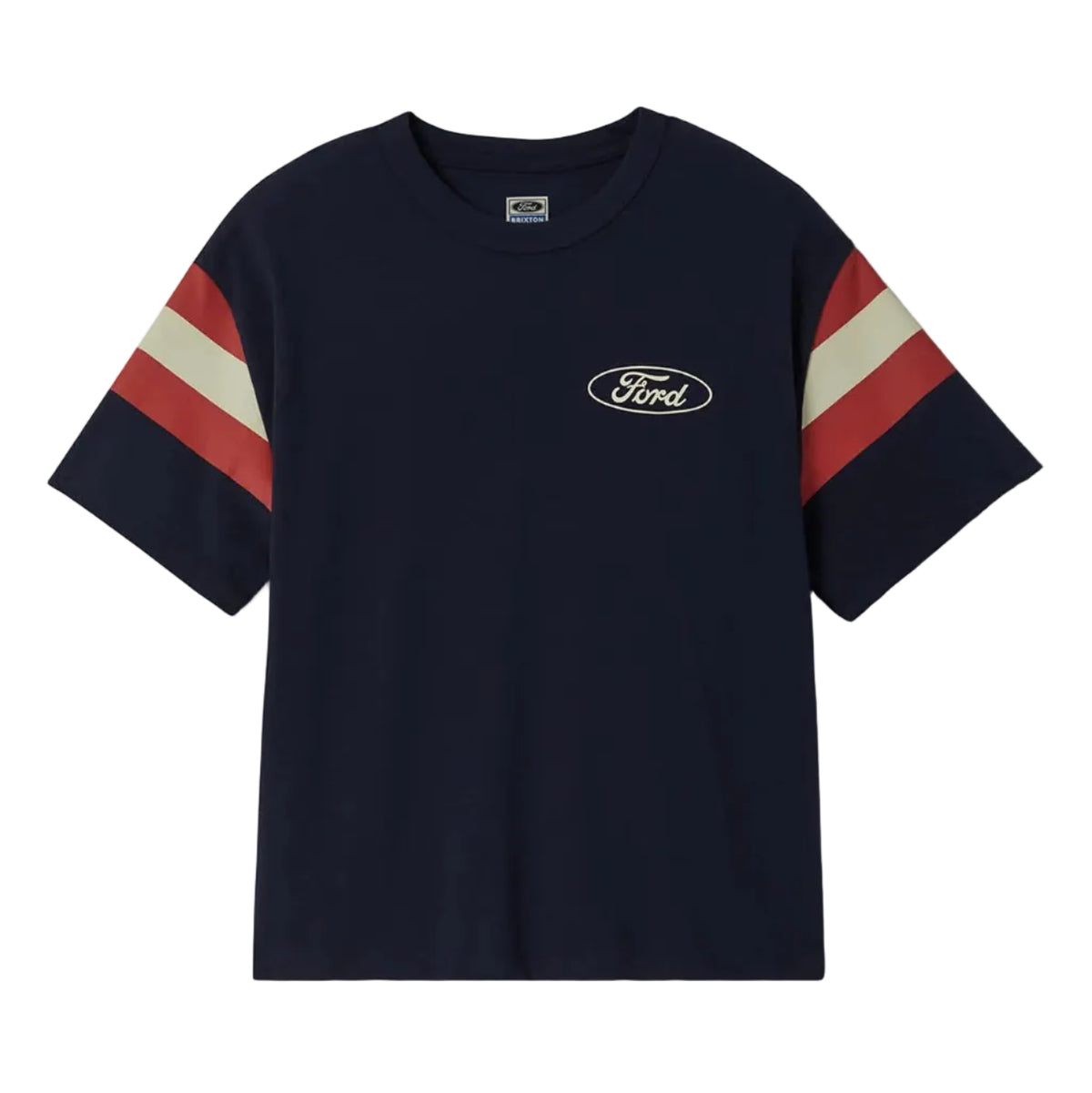 A navy blue short-sleeve t-shirt with a white embroidered Ford logo on the chest and red and cream diagonal stripes on the sleeves, shown against a light gray background.