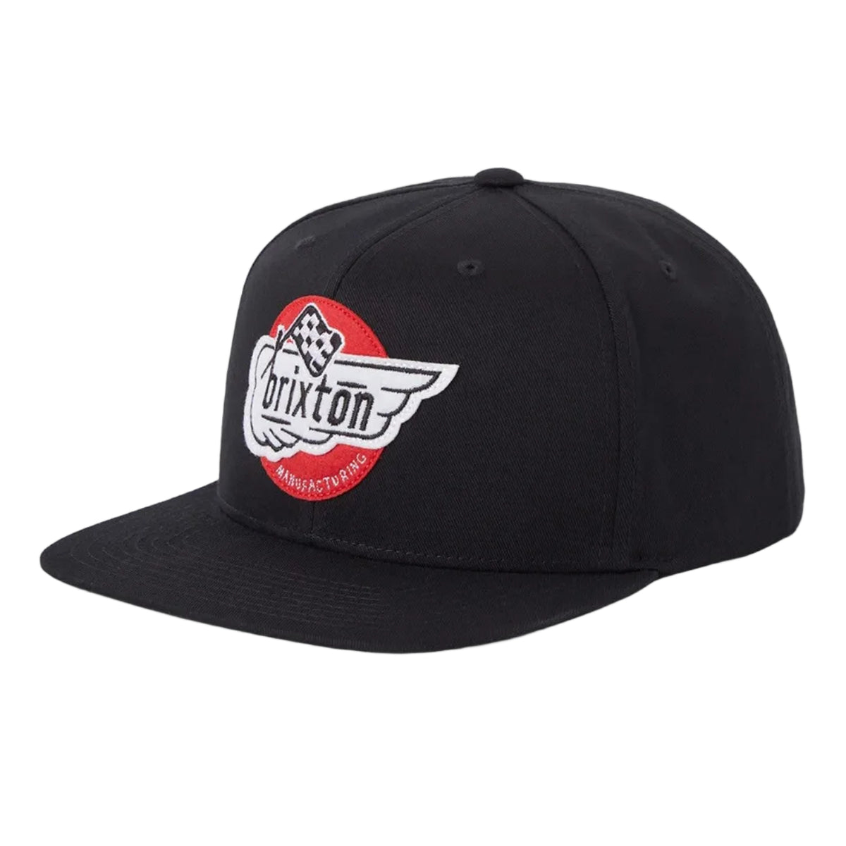 A black flat-brim snapback cap featuring a circular embroidered Brixton logo patch on the front, set against a light gray background.